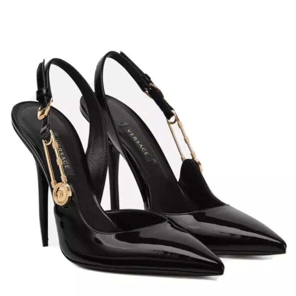 NEW VERSACE SAFETY PIN PATENT LEATHER SLINGBACK PUMPS SIZE IT 37